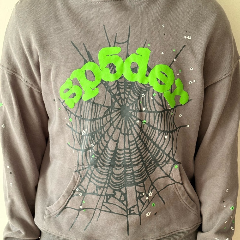 Gray Hoodie with Green Spider Design - Picture 2 of 6